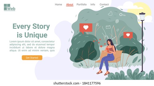 Woman making post, networking, collecting likes comments. Browsing, blogging in social network. Media influence, addiction. Digital communication, online chatting. Landing page layout design