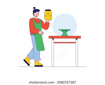 Woman making pottery from clay, traditional process. Character design. Vector flat illustration