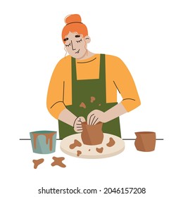 Woman making pottery. Handcraft pottery workshop. Flat vector illustration.