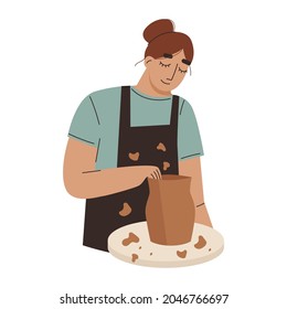 Woman making pottery. Handcraft pottery workshop. Flat vector illustration.