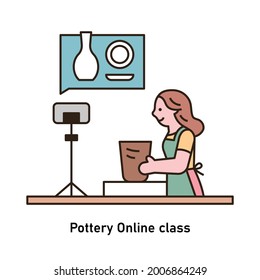 A woman is making pottery while watching an online class. outline simple vector illustration.