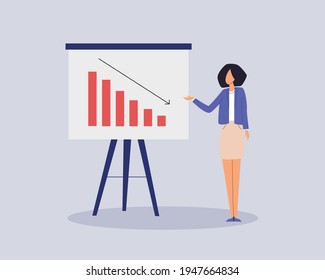 Mujer haciendo presentación sobre pérdida corporativa, fracaso, disminución.Diagrama,datos de marketing,seminario de empresa,informe financiero.Ilustración plana vectorial