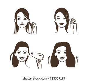 Woman making procedures for hair volume. Vector illustration set.