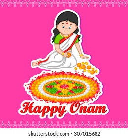 Woman making rangoli for Indian festival, Onam in vector