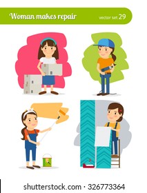 Woman making repairs in her home. Moving and repair, painting the walls and Wallpapering