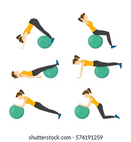 Woman Making Right Exercise with Fitness Ball Workout Position or Posture. Flat Design Style Vector illustration