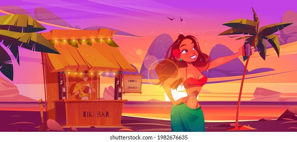 Woman making selfie front of tiki hut bar with barman on hawaii beach, Smiling girl in summer dress posing on smartphone camera at dusk ocean coastline with palm trees, Cartoon vector illustration