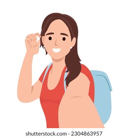 Woman making selfie. Travel girl with backpack taking selfie. Tourism nature backpacking or trekking. Flat vector illustration isolated on white background