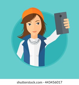 Woman making selfie. Young girl taking photo with cellphone. Vector flat design illustration in the circle isolated on background.