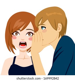 Woman making shocking face expression surprised by man telling secret gossip news in her ear