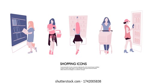 Woman making Shopping cartoon concept. Girl with shopping cart, buying food consumers. People in Market flat illustration .