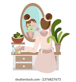 A woman making skin care procedures. A young beauty takes care of her face. Face mask vector illustration. Routine skin care.