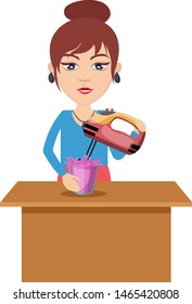 Woman making smoothie, illustration, vector on white background.