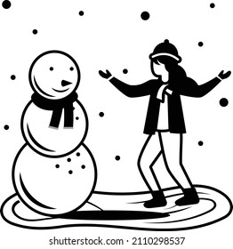 Woman Making A Snowman Concept, Cute Girl wearing Knitted Hat Vector line Icon Design, Winter Season activity Scene Symbol, Wintertime Sign, Holiday Celebration in Snowy Park Stock Illustration