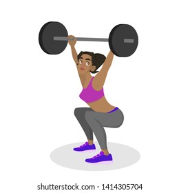 Woman making squats with barbell. Doing sport exercises in gym. Leg workout. Muscle building. Healthy and active lifestyle. Isolated vector illustration