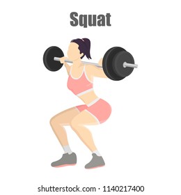 Woman Making Squats With Barbell. Weight Lifting Exercise. Leg And Arm Workout. Muscle Building. Healthy And Active Lifestyle. Isolated Vector Illustration