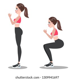 Woman making squats. Exercise for butt. Leg workout. Muscle building. Healthy and active lifestyle. Isolated vector illustration