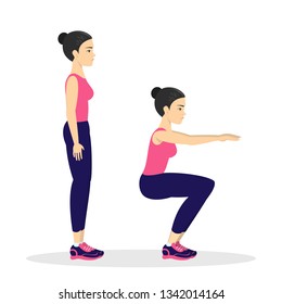 Woman making squats. Exercise for butt. Leg workout. Muscle building. Healthy and active lifestyle. Isolated vector illustration
