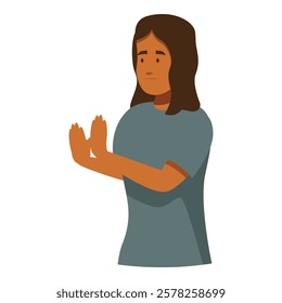 Woman making stop gesture with hands, expressing refusal, rejection, or disapproval, with a serious facial expression