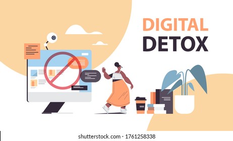 woman making stop gesture with palm digital detox concept girl abandoning internet and social networks horizontal full length vector illustration