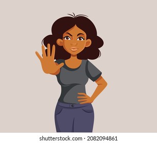 
Woman Making Stop Sign Gesture Vector Cartoon Illustration. Young Lady Saying No Setting Boundaries For Her Personal Space
