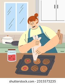 Woman making sweet cookies at home kitchen. Young girl decorating cookies fresh out of the oven. Cook process. Flat cartoon style vector illustration.