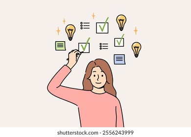 Woman making task management to achieve productivity, and makes mark in checkbox above head. Young girl uses task management to track progress and avoid missing deadlines or forgetting information.