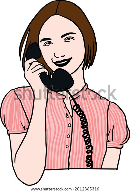 電話をかける女性 ビンテージ電話の話し手描きのベクターイラスト のベクター画像素材 ロイヤリティフリー