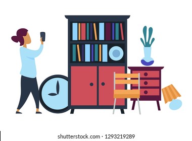 Woman making of thing for sale. Furniture on flea market, second hand shop, vector bookcase, clock, chair, chest of drawers, lamp and vase with flowers. Cartoon female with smartphone isolated