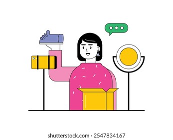 Video Mujer que hace unboxing de creador del contenido del producto del zapato, de la belleza y de la moda. Diseño de personajes. Ilustración plana de Vector