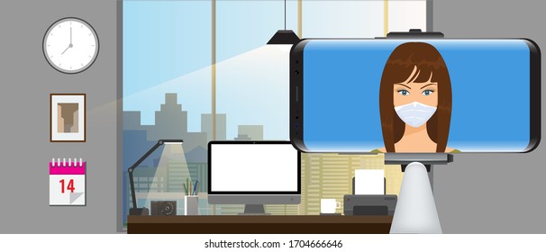 Woman making video blogging with mask. Stay at home concept flat and solid color style vector illustration.