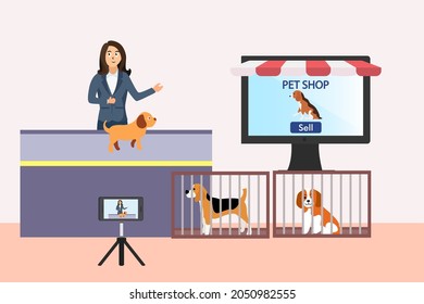 Woman making video for selling online dog on mobile phone application. Online pet shop vector concept