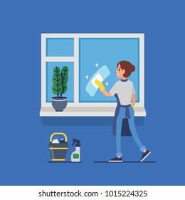 Woman making window cleaning. Flat style vector illustration isolated.