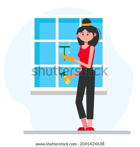 Woman making window cleaning. Vector illustration in flat style.