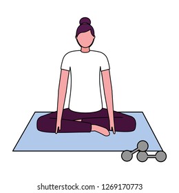 woman making yoga with mat and dumbbells