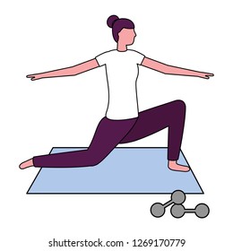 woman making yoga with mat and dumbbells