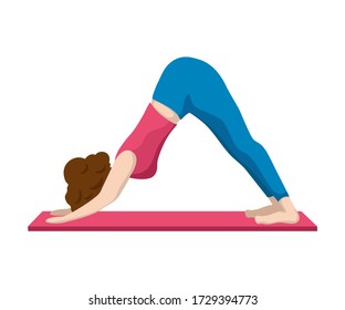 Woman making yoga, vector illustration on white background. Downward facing dog position. Adho Mukha Svasana yoga asana. Slim woman on yogamatt. Modern stretching or fitness programm. Sport class icon