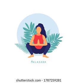 Woman in malasana pose, female yoga pose, garland pose. Mindfulness lifestyle. Yoga at home
