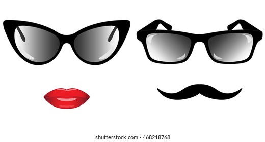 Woman and male images with stylish glasses, bright red lips and black mustache on a white background. 
Vector EPS 10.