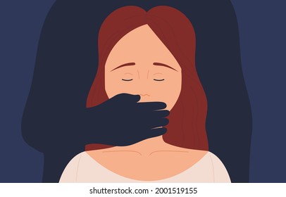 Woman with a male's hand on her mouth. Domestic violence. Man beating up his wife. Woman in fear of domestic abuse concept. Flat cartoon vector illustration.