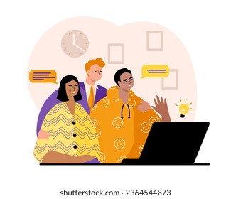 Woman and males sitting near laptop and talking on video call. Exchange of information via mail, messenger. Vector illustration in flat style in orange and purple colors