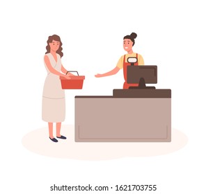 Woman at mall checkout flat vector illustration. Female customer with shopping basket standing in queue cartoon characters. Girl with purchases at cashier desk. Seller and buyer isolated on white.