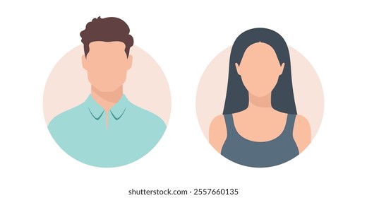 Woman and man abstract face icons. Female and male faceless portraits, avatars or anonymous profiles. Vector illustration