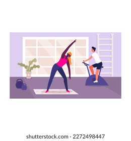 Woman and man in active training color 2d vector graphic. Girl making fitness, guy riding exercise bike in spacious purple gym. Couple sport exercise flat art, cartoon illustration