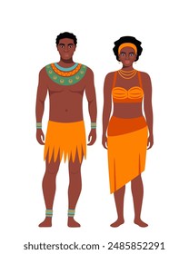 Woman and man of African tribe. African couple with traditional ethnic dress and necklace standing in full growth. Vector