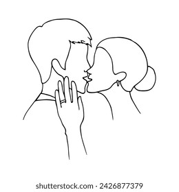 woman and man almost kiss, the woman's left hand with a ring on the ring finger touches the man's face. hand drawn illustration kiss of lovers with engagement svg