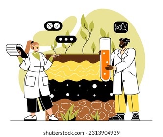 Woman and man analyzing soil. Doctors and scientists with test tube conduct chemical experiments in laboratory. Farming and agriculture, medicine and science. Cartoon flat vector illustration