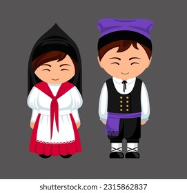 Woman and man in Andorra national costume. Andorran couple, cartoon characters in traditional ethnic clothes. Flat vector illustration.