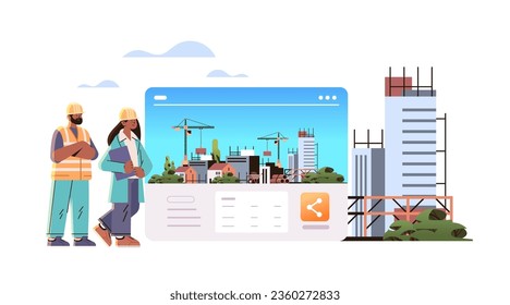 woman man architects or engineers in uniform standing near unfinished building construction site background horizontal