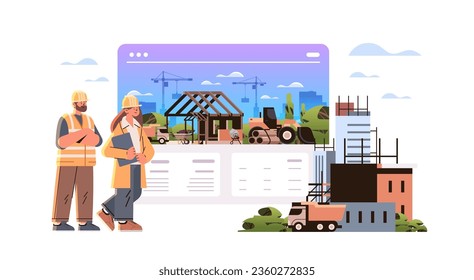 woman man architects or engineers in uniform standing near unfinished building construction site background